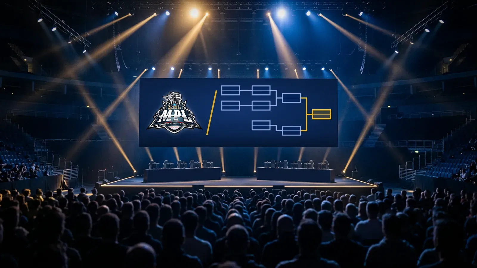 Illustration: a packed esports arena whose big screen shows the MPL MY logo beside an empty playoff bracket