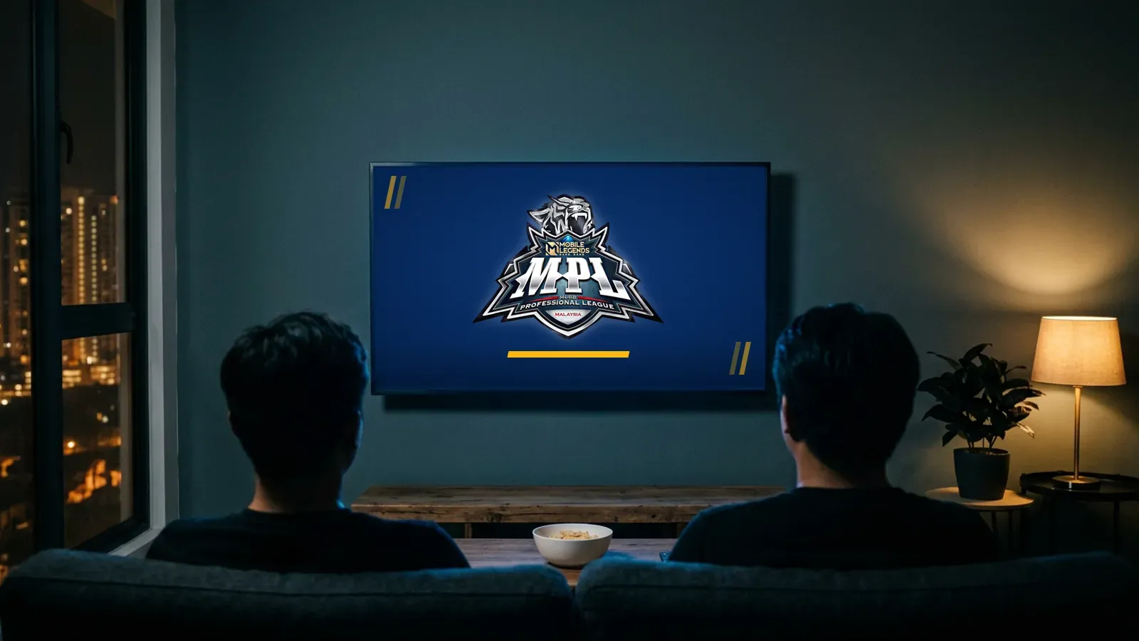 Illustration: two fans on a sofa, seen from behind, watching a TV that shows the MPL MY logo at night