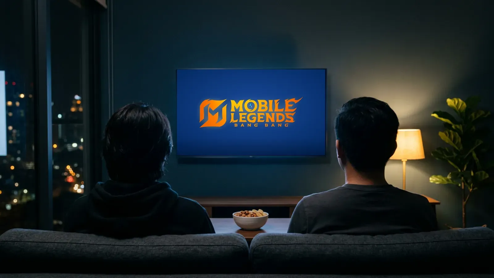 Illustration: a cosy living room where friends watch a big TV whose screen shows MLBB