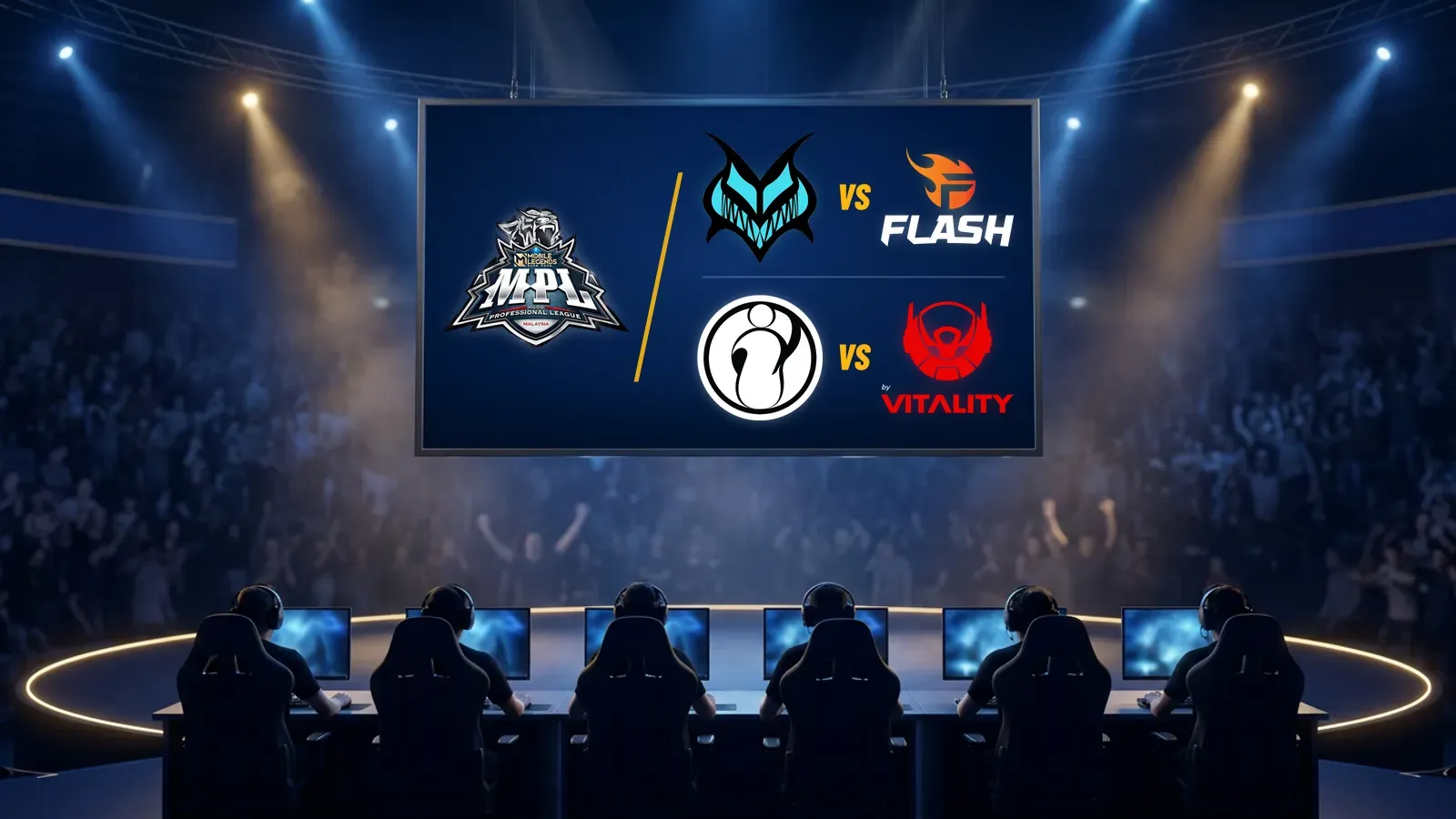 Illustration: an esports arena whose big screen shows the MPL MY logo and the first two match-ups, the Team Vamos and Team Flash badges above the Invictus Gaming and Bigetron MY by VIT badges, over players at their desks