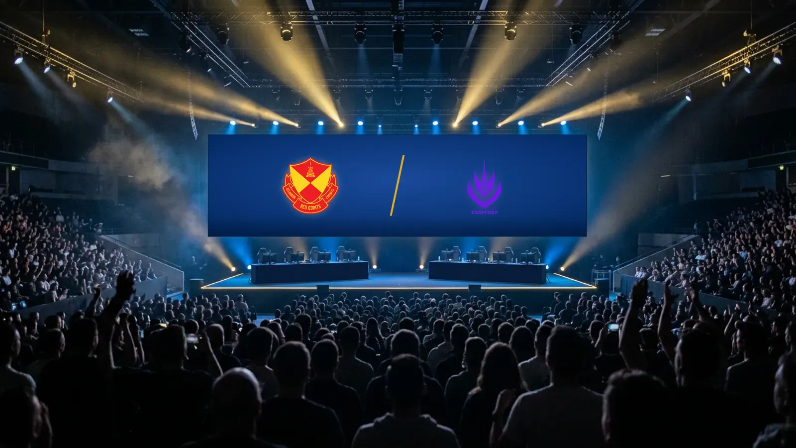 Illustration: a wide esports arena before a match whose screen shows the Selangor Red Giants and Team Rey badges