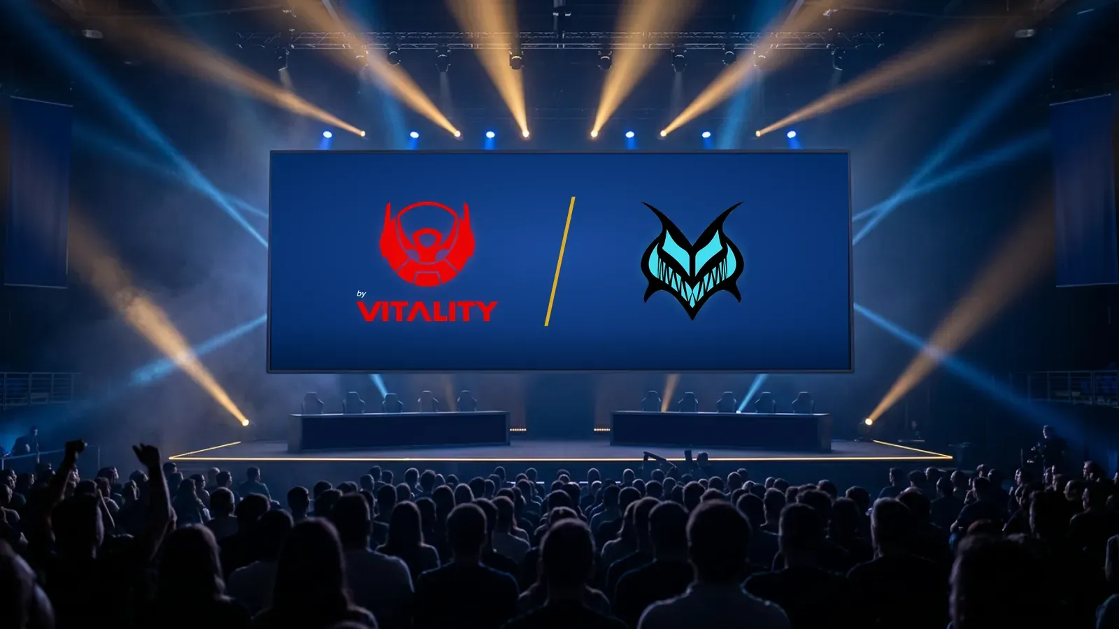 Illustration: a wide esports arena before a match whose screen shows the Bigetron MY by VIT and Team Vamos badges