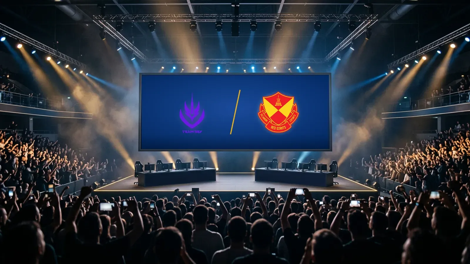 Illustration: a wide esports arena before a match whose screen shows the Team Rey and Selangor Red Giants badges