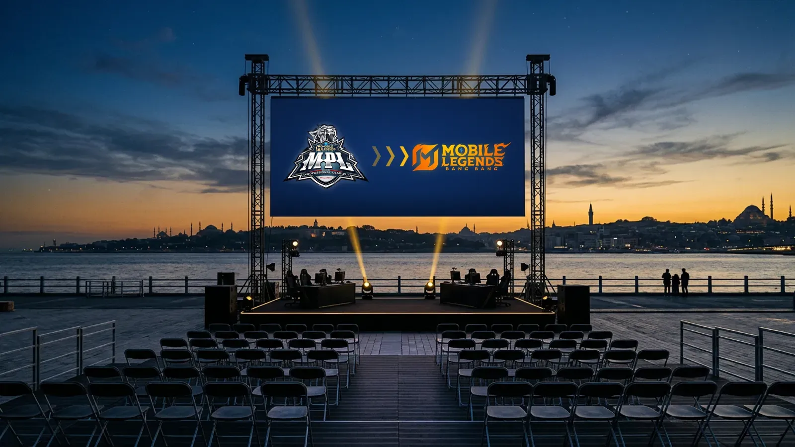Illustration: an outdoor stage by the water at dusk whose screen shows arrows leading from the MPL MY logo to the Mobile Legends: Bang Bang logo, with rows of empty chairs in front